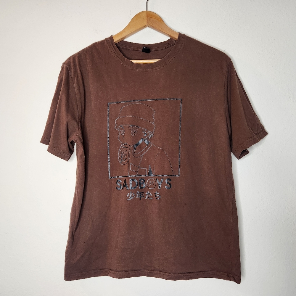 Romwe Mens Medium Brown Sad Boys Anime Short Sleeve Shirt